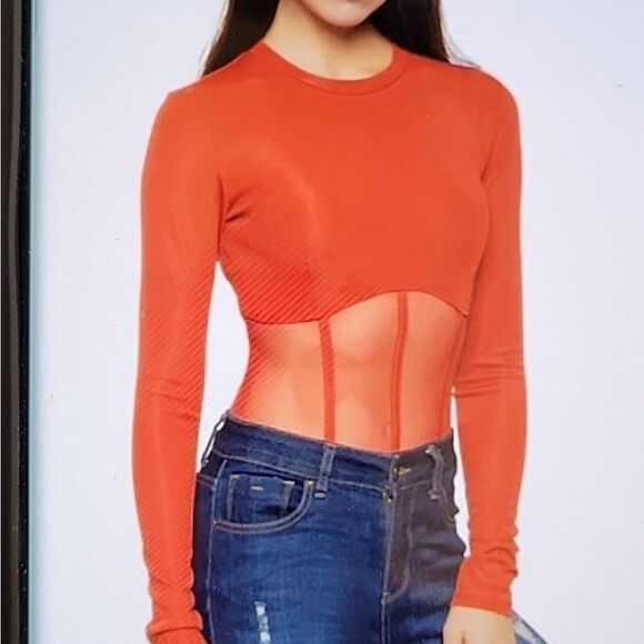 BRAND NEW LONG SLEEVES MESH INSERT HIGH NECK SOLID SHEER THONG SNAP BODYSUIT - Picture 16 of 16